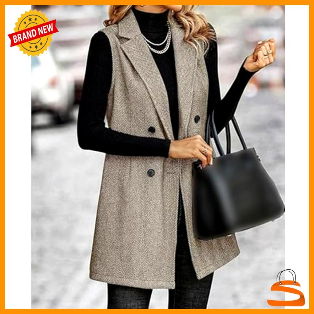 Sleeveless Tweed Vest Longline Blazer Jacket Chic Minimal Casual Outerwear - Picture 3 of 5